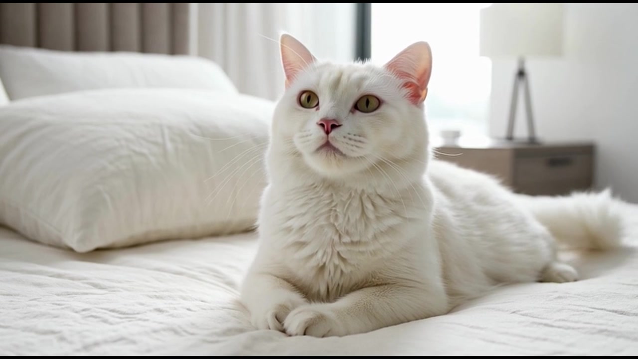 Kucing Putih Beristirahat di Tempat Tidur di Kamar Tidur yang Cerah