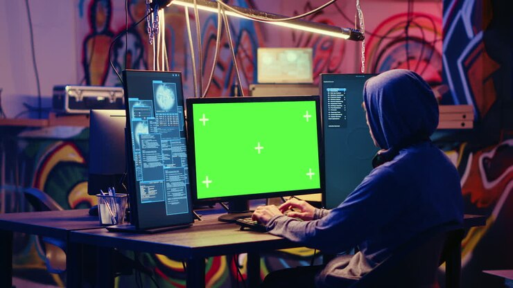 L'hacker usa il PC a schermo verde per codificare.