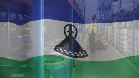 Walking-between-shelves,-warehouse-worker-with-Lesotho-flag-animation-in-background