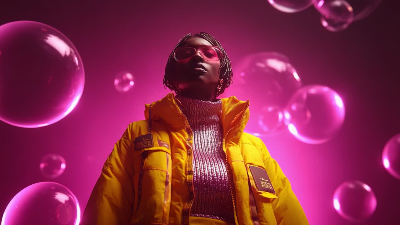 A Stylish Individual in a Vibrant Yellow Jacket Stands Confidently Amidst Playful Bubbles Against a Striking Pink Background - A Fusion of Fashion and Fantasy in a Captivating Scene