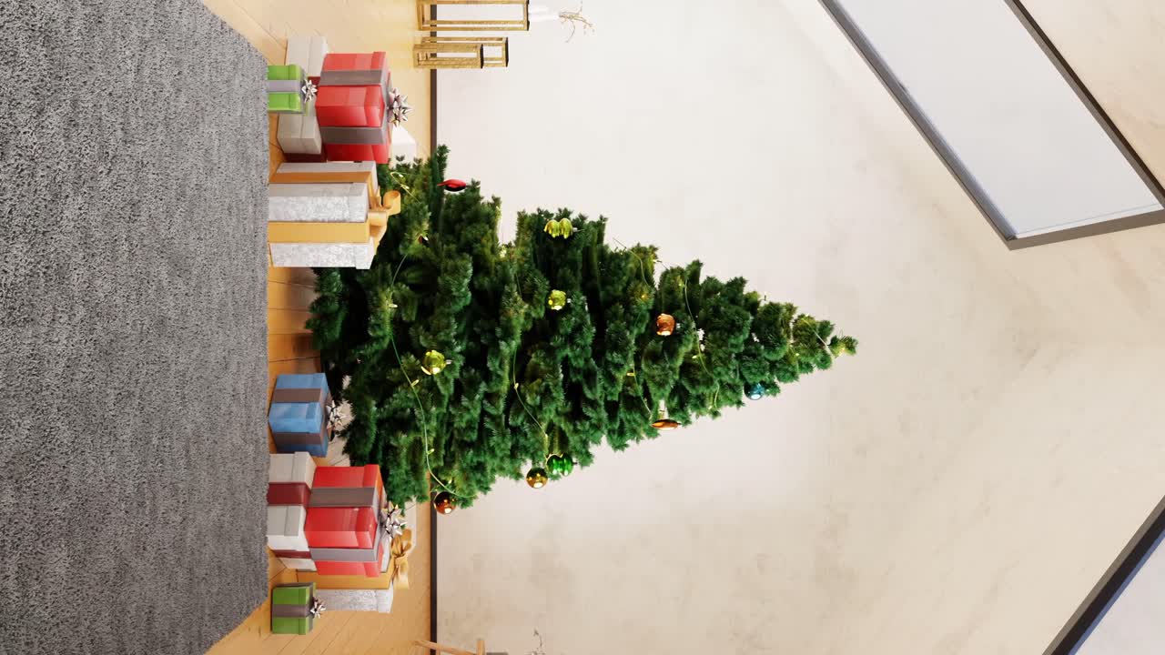 habitación minimalista sólo con una alfombra y decoración navideña - diseño de interiores render vertical