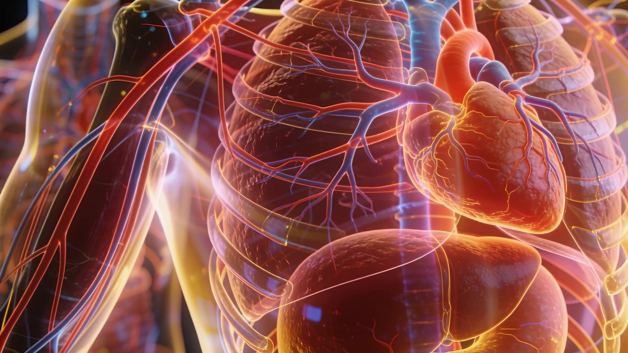 La telecamera si avvicina rivelando un modello di torso traslucido in uno studio 3D che mostra cuore pulsante, polmoni e fegato.