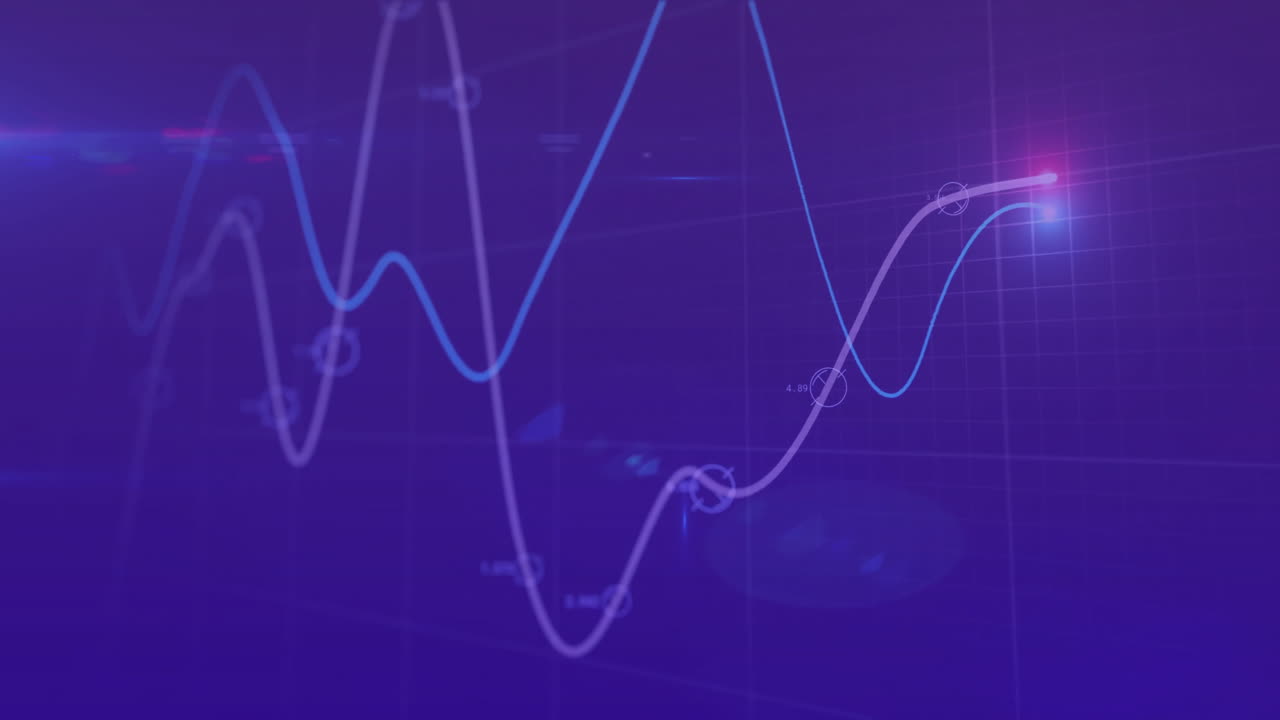 Animation of financial data processing with glowing spot on purple background