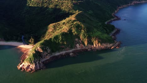 aerial drone rotating over lush tropical lantau island