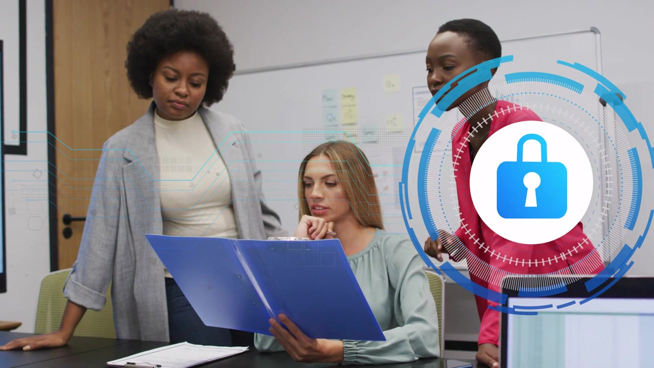 Three women opening blue folder, reviewing while digital lock growing on right side, securing data