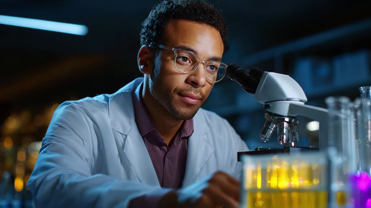 A dedicated scientist meticulously observes a chemical reaction through a microscope in a laboratory, exemplifying the pursuit of knowledge and the importance of scientific research in modern advancements
