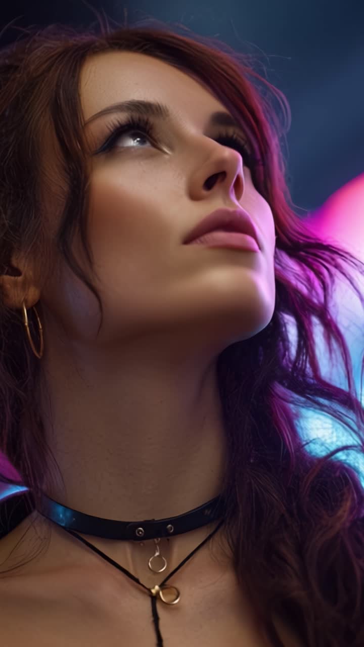 Ritratto accattivante di una giovane donna con espressione ipnotizzante, accessori eleganti e illuminazione artistica in un ambiente dai colori vivaci.
