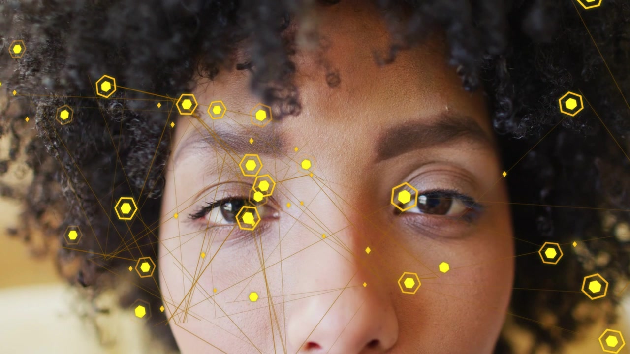 Adult woman still, gold hex nodes showing aligning to eye points, eyelids opening for biometrics