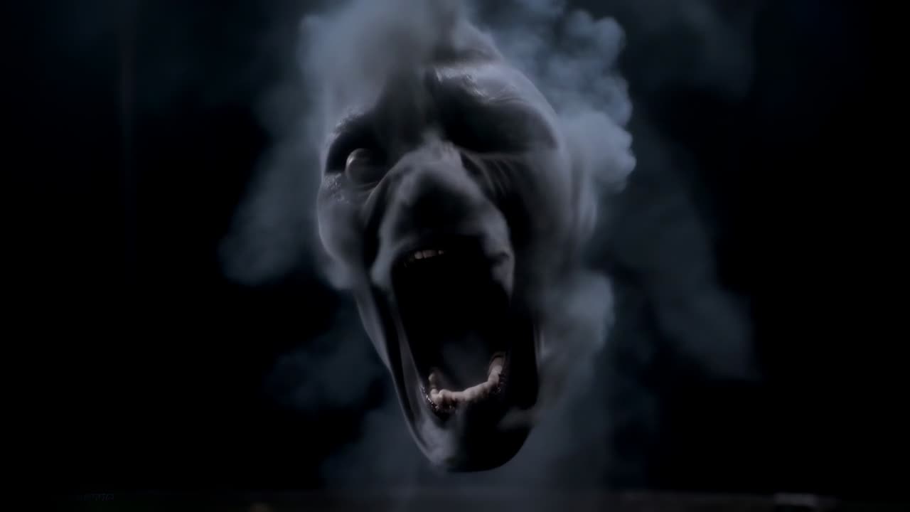 Colonna di fumo che si alza da una vasca bassa, formando un volto umanoide in uno studio buio, con illuminazione che scolpisce