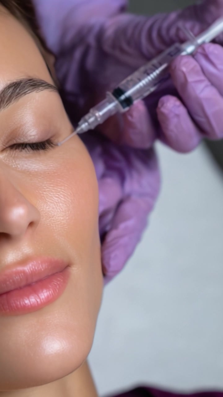 Una vista ravvicinata di una procedura di trattamento estetico, che mostra una persona che riceve un'iniezione da un professionista con le mani guantate per un miglioramento del viso.