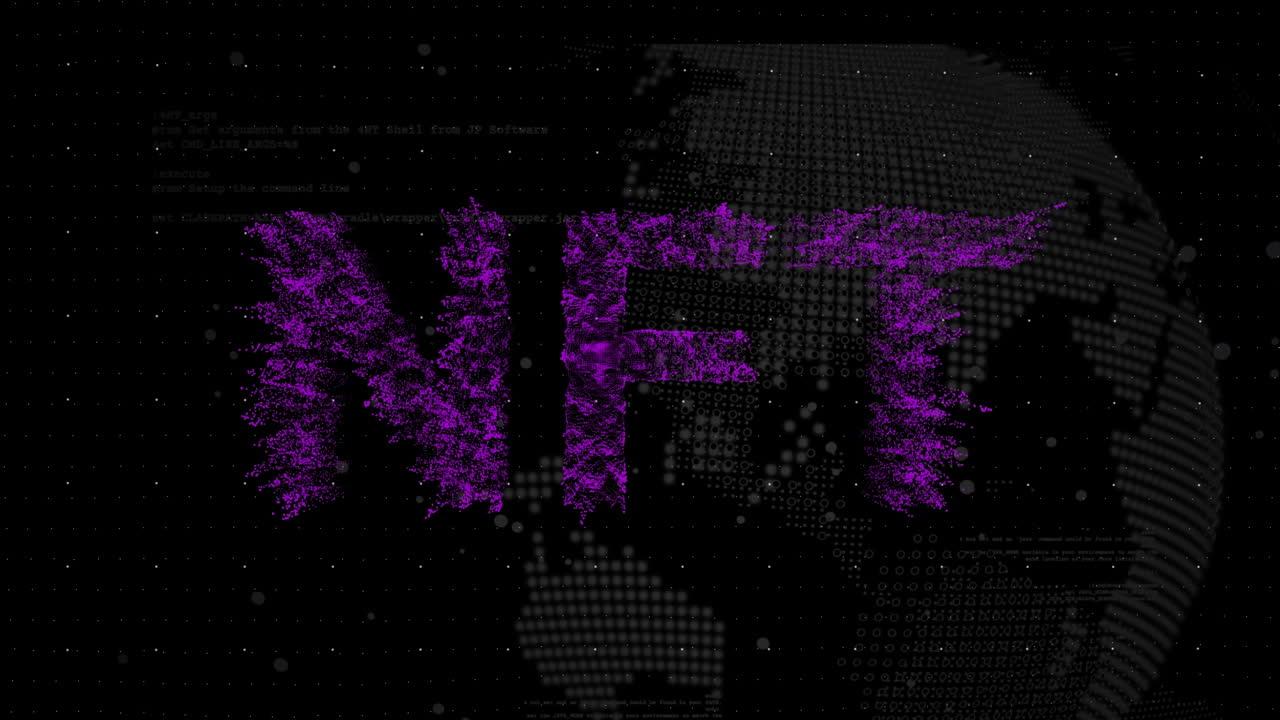Animation of nft text over data processing with globe on black background