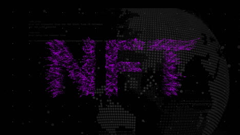 animación de texto nft sobre procesamiento de datos con globo sobre fondo negro
