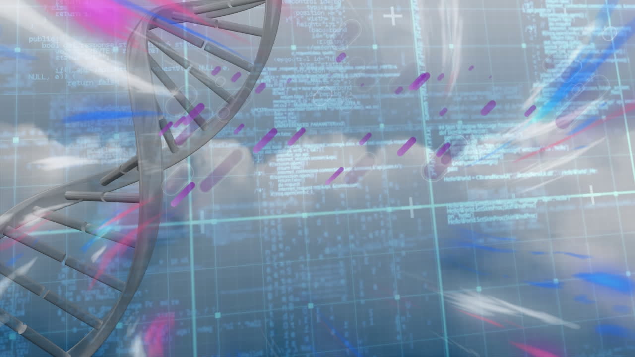 animación de la cadena de adn y las líneas púrpuras sobre el procesamiento de datos en fondo negro