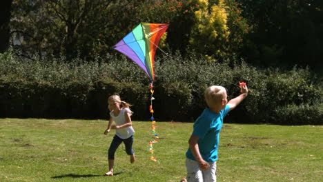 siblings playing in a park with a kite