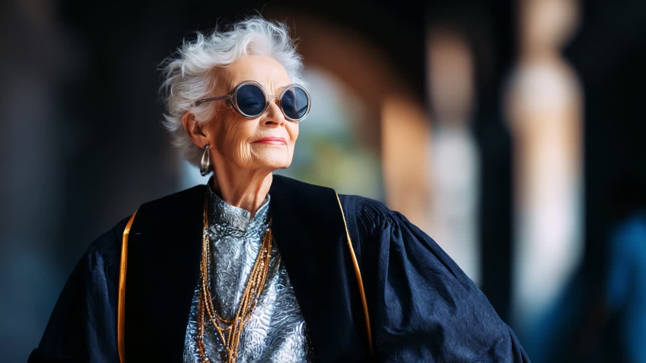 An Elegant and Stylish Older Woman with Silver Hair and Sunglasses Exudes Confidence and Grace While Wearing a Distinguished Outfit in a Classically Inspired Setting