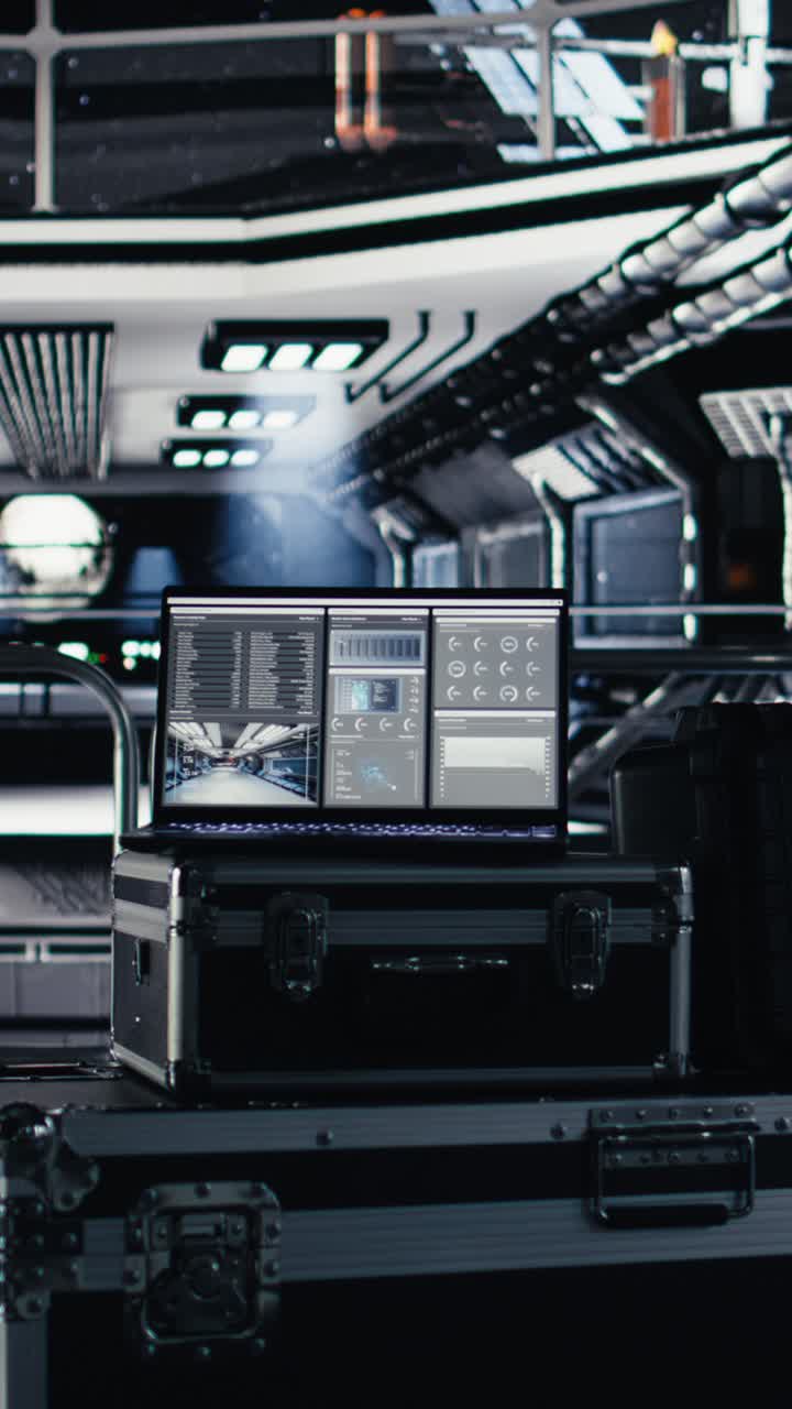 Vertical video Laptop in orbit shuttle showing dashboard tracking thermal stability