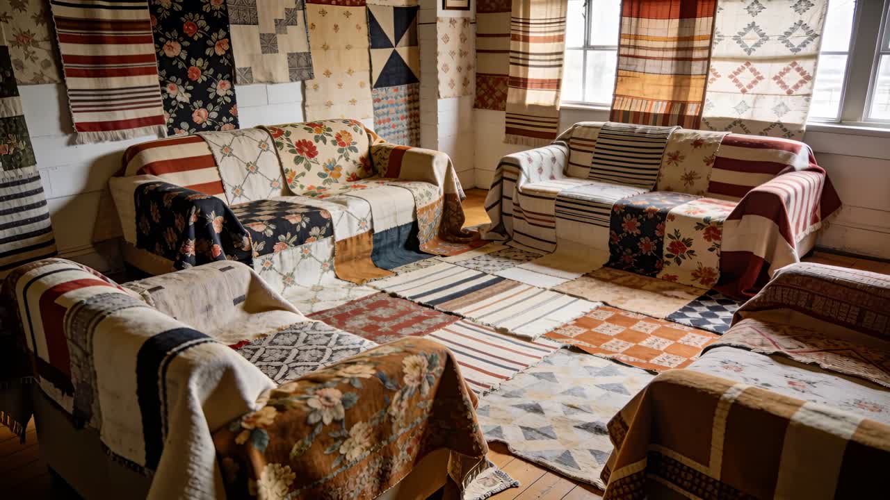 Gliding camera moving forward through quilt room revealing quilted sofas and rugs to show stitching