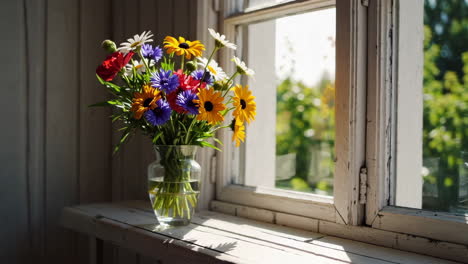 colorful summer bouquet on a rustic windowsill