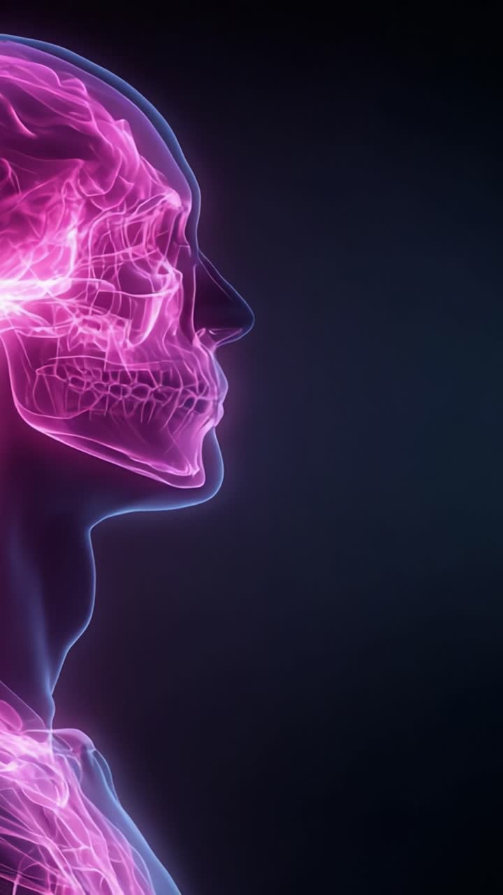 Radiosità anatomica: esplorando la bellezza intricata del cranio umano in un ipnotico bagliore al neon su uno sfondo scuro.