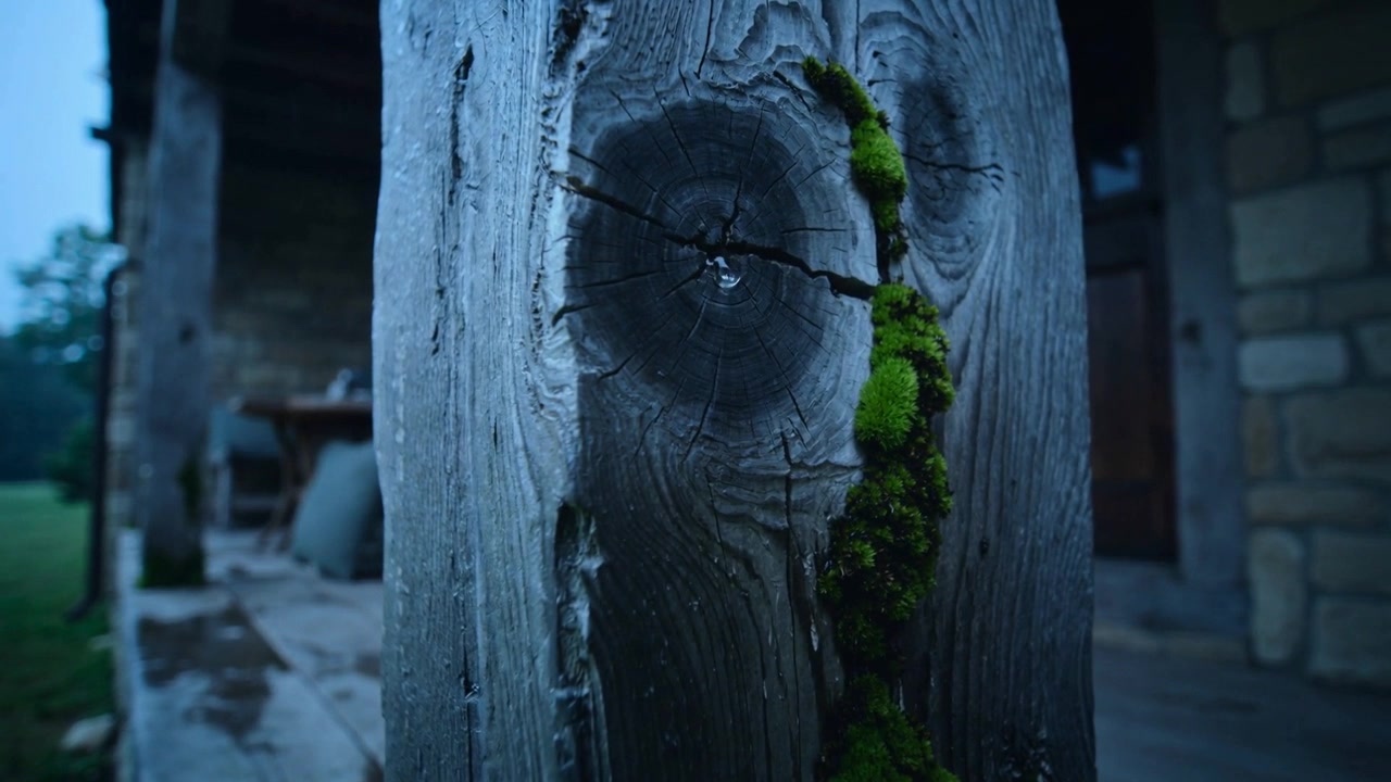 La telecamera si allontana rivelando un palo di legno consumato su un portico, muschio verde brillante e goccioline dopo la pioggia.