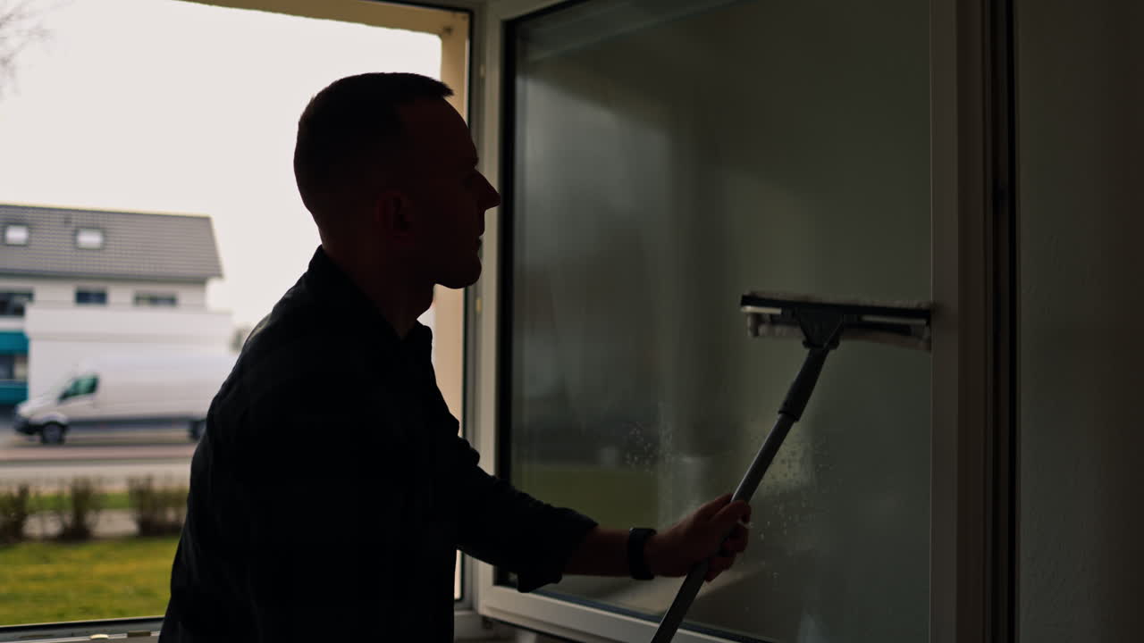 Vinduespudsning. Vask af vinduer med en moppe. En mand tørrer omhyggeligt vinduerne af med en klud i huset. Renlighed og orden i rummet. Huslige arbejdsøjeblikke.