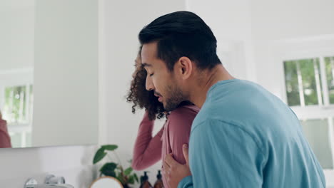 Bathroom,-talking-and-couple-hug