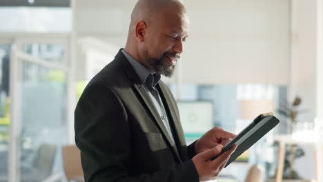 business man, typing and tablet in office