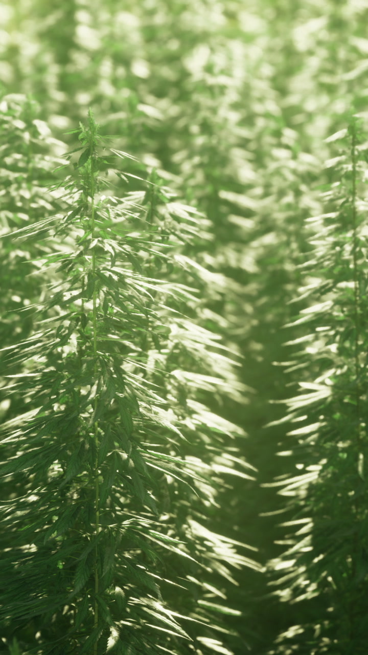 Green plants growing in sunlight in a dense field near a forest