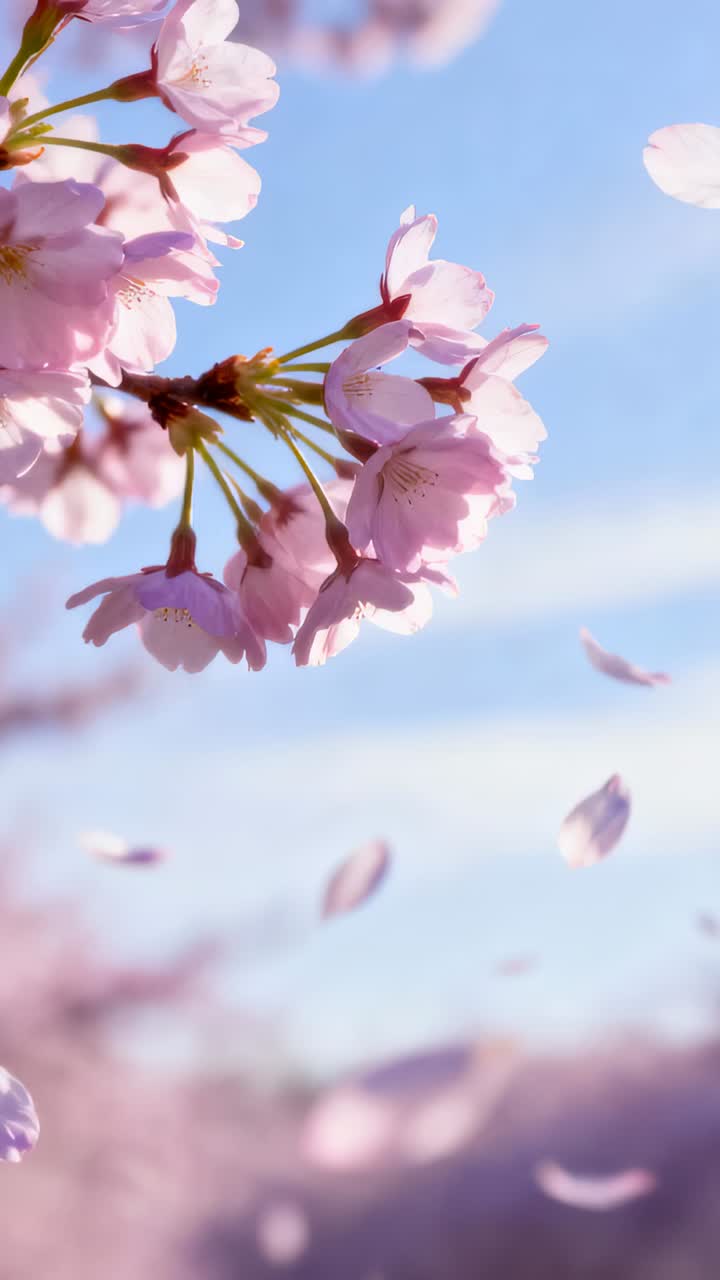 Vertical video: Drifting pink cherry blooms losing petals into blue sky in wind in park, copy space