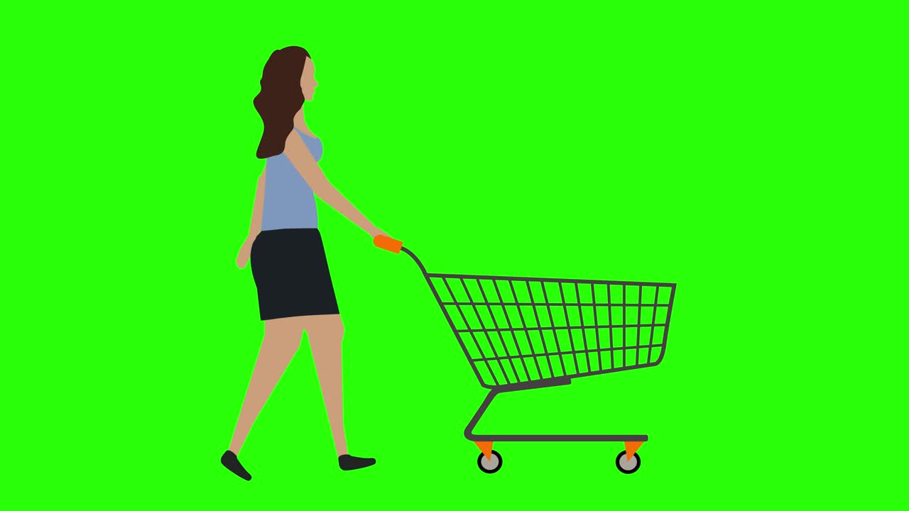 mujeres caminando en bicicleta bucle sin costuras, tirando del carrito de compras, pantalla verde animación de clave croma, diseño plano