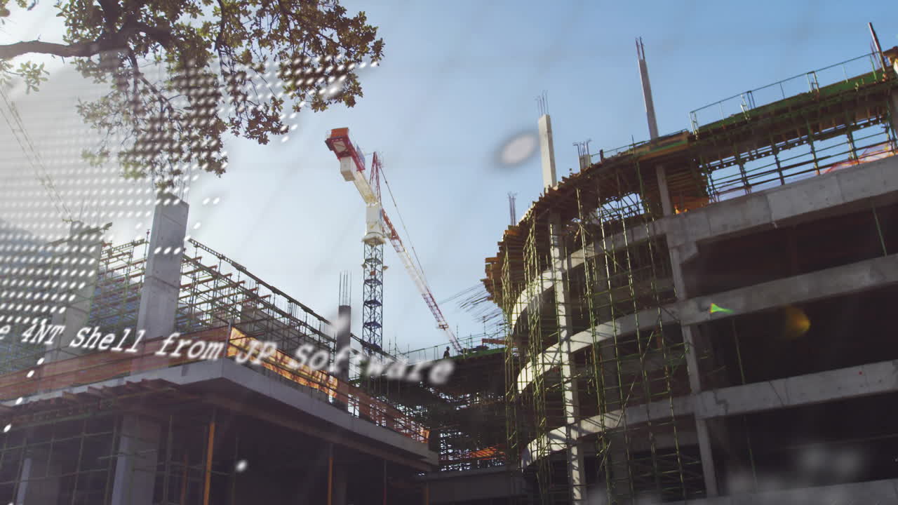 Text overlaying animation of cranes and scaffolding at construction site