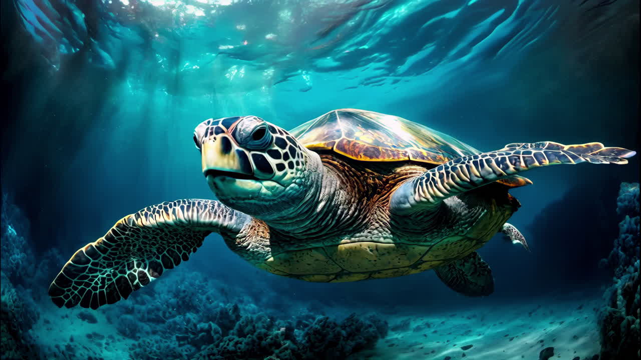 Underwater wild turtle swimming in the ocean against the background of a flock of fish