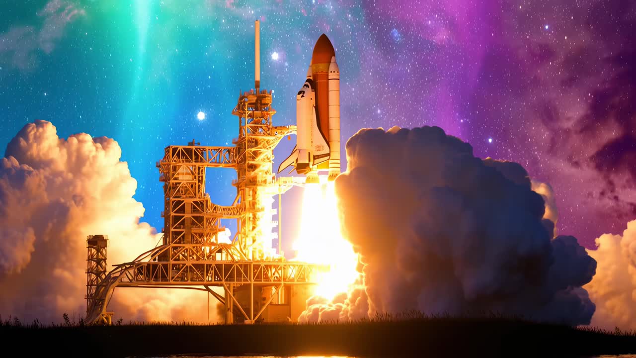 Dynamic low-angle video of a space shuttle launch, set against a vibrant cosmic backdrop
