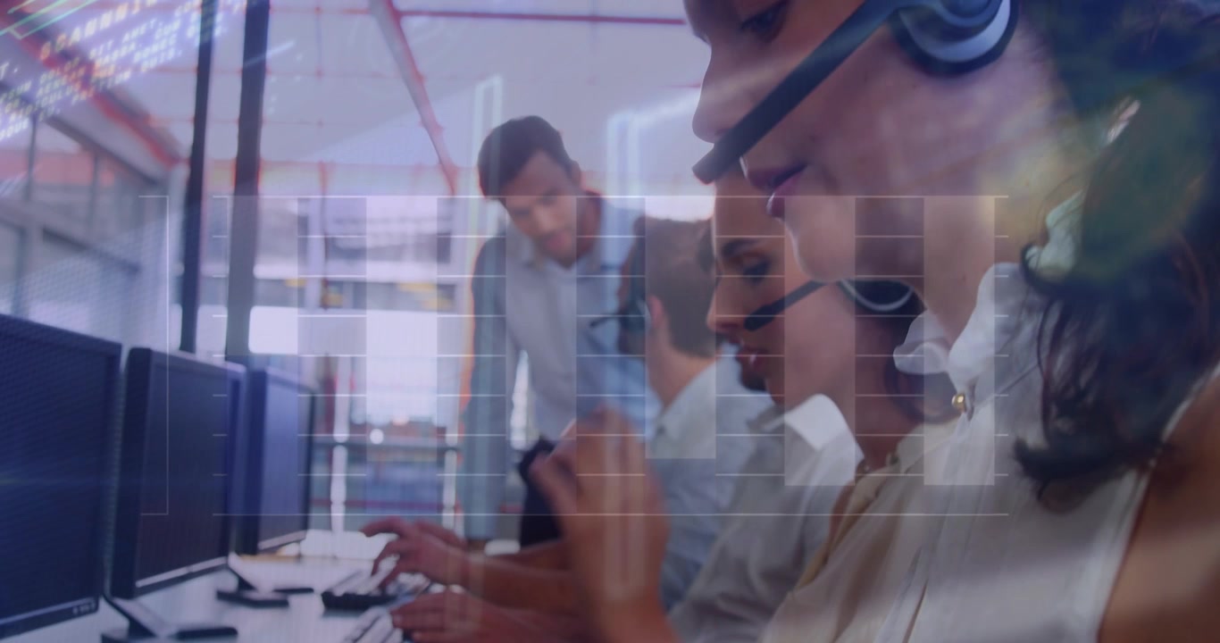 Animation of financial graphs and data over diverse female and male call center workers