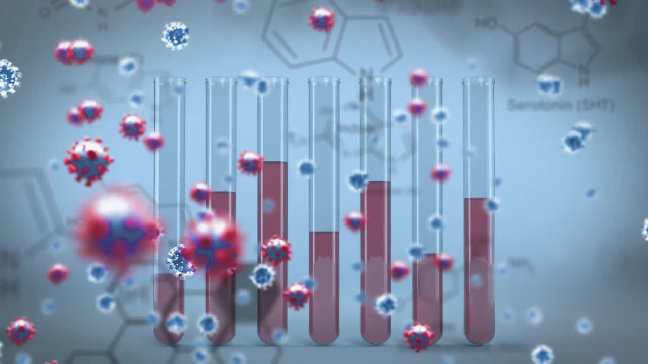 Animazione di cellule Covid-19 su strutture di composti chimici e provette