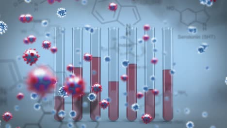 Animation-Von-Covid-19-Zellen-über-Strukturen-Chemischer-Verbindungen-Und-Reagenzgläsern