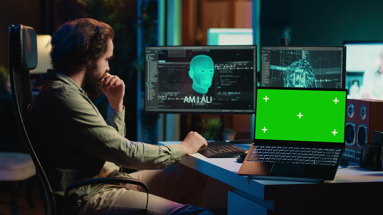AI becoming sentient, chatting with computer scientist, green screen laptop