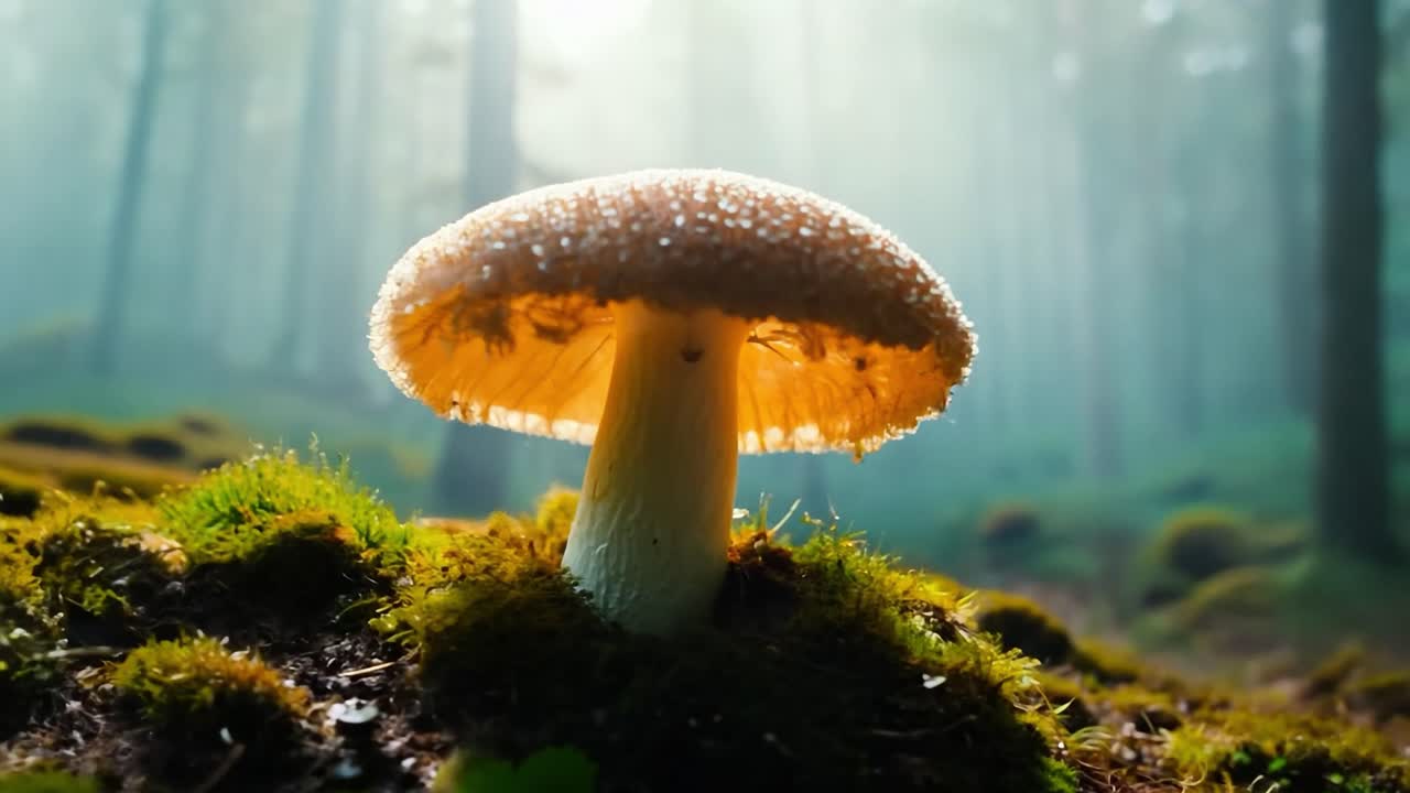 Sunlight illuminating a mushroom on the forest floor creates a serene and enchanting natural scene