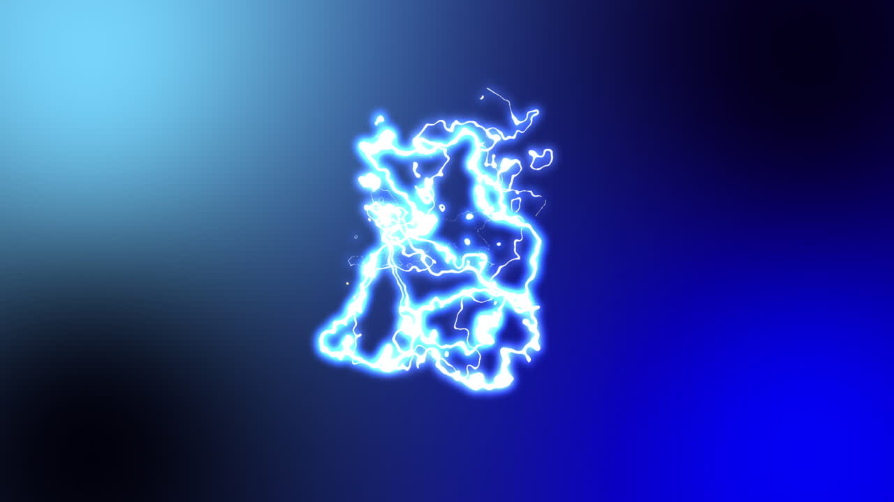 밝은 파란색과  ⁇ 색의 활기찬 전기 전류  ⁇ 어리가 파란색 배경에서 움직이고 있습니다.