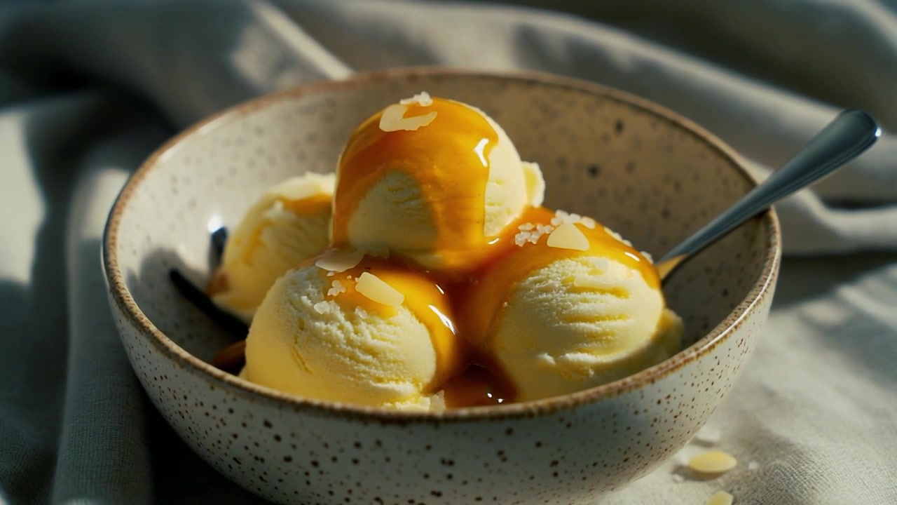 Salsa al caramello versata su palline di gelato alla vaniglia in una ciotola