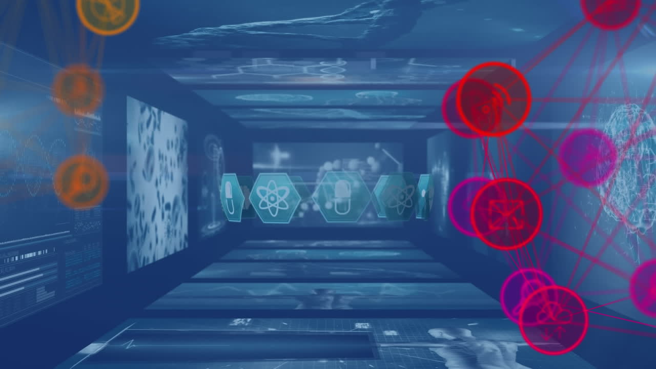 두 개의 디지털 아이콘의 세계가 의료 데이터 처리를 가진 스크린에 대해 회전하는 애니메이션