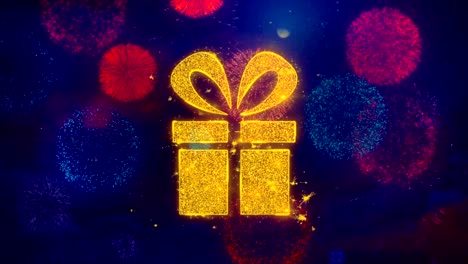 red ribbon gift box present icon symbol on colorful fireworks particles.