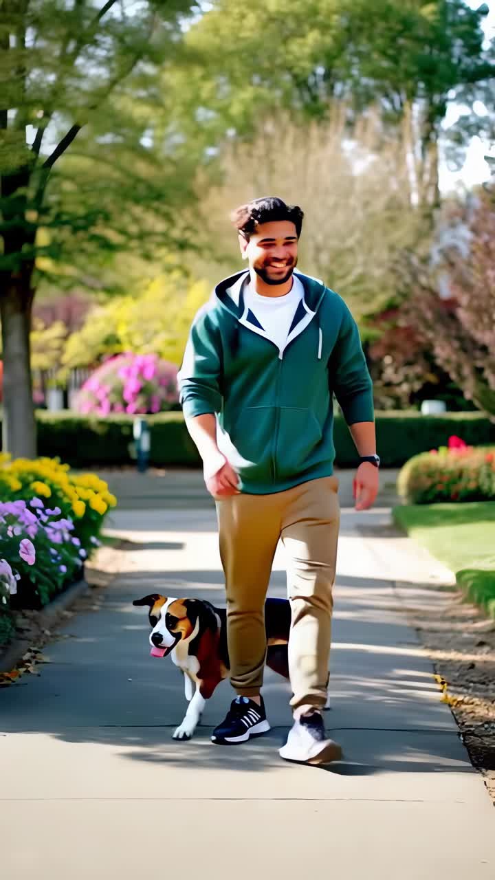 A man is walking his dog on a sidewalk