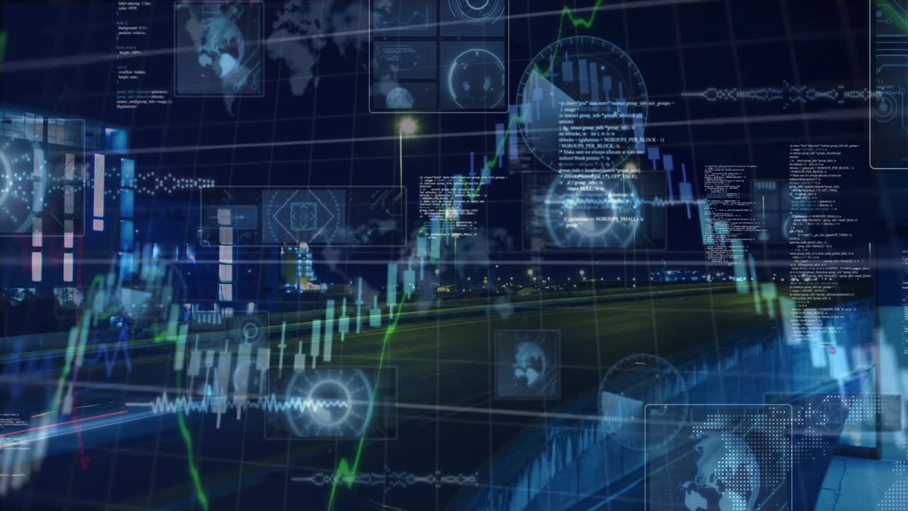 Animation of data processing and diagrams over cityscape