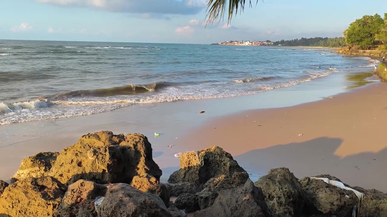 Ondas Quebrando em Praia Tropical com Primeiro Plano Rochoso