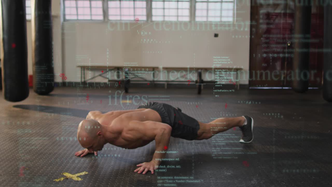 Gym trainer pressing up from low push, rotating and building power while HUD showing form