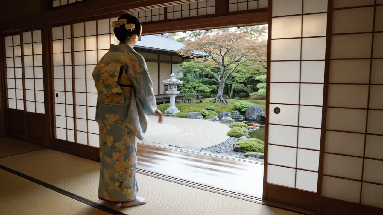Woman in Kimono in a Japanese Garden