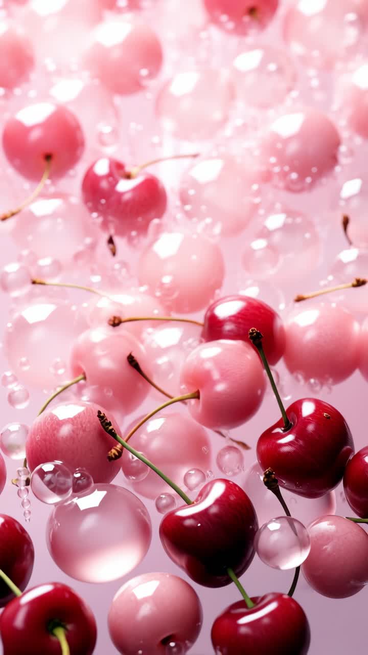 Pemandangan udara ceri merah muda cerah dengan gelembung, menciptakan estetika segar dan penuh impian