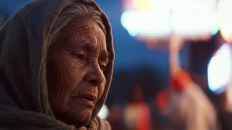an elderly person in a hooded coat sits on a city street as pedestrians move quickly around. the evening light casts a warm glow, creating a stark contrast with the busy urban scenery.