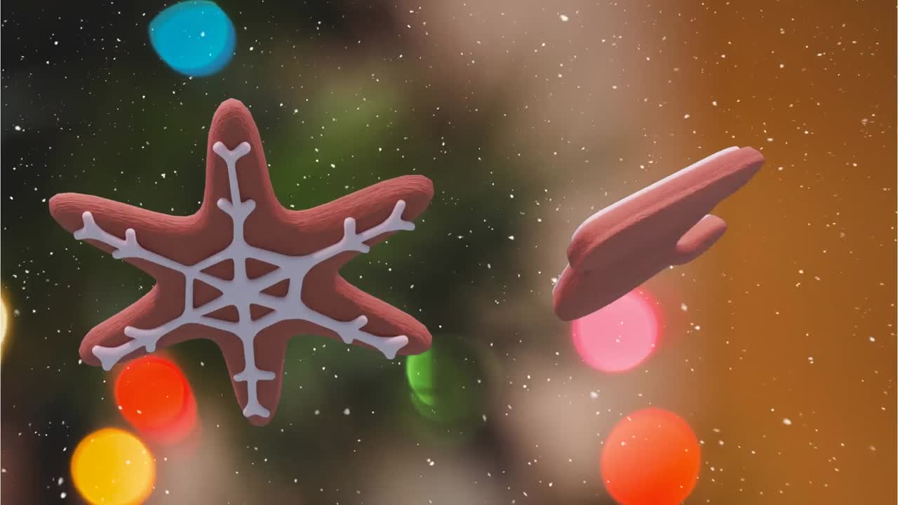 Animation of christmas gingerbread cookies over snowflakes falling in background